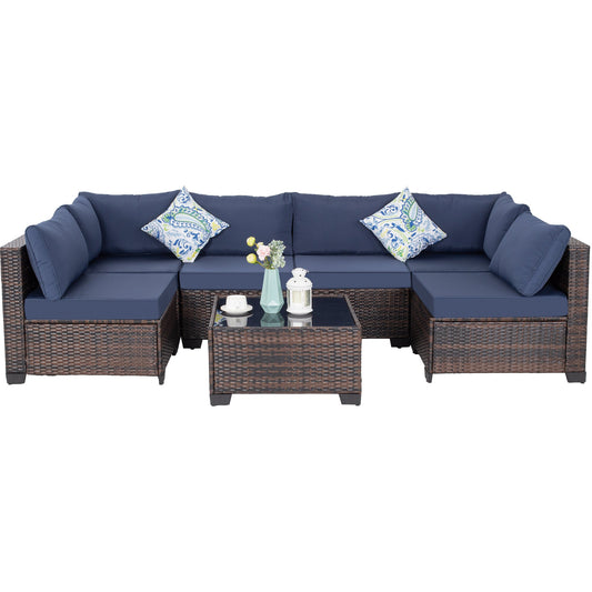 7-Piece Outdoor Patio Furniture Set, All-Weather Wicker Rattan Sectional Sofa With Thick Cushions & Glass Table, Modular Patio Conversation Furniture For Backyard, Poolside & Garden -Brown-Blue