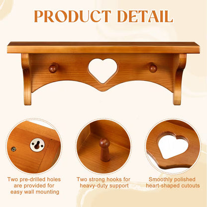 2-Piece 16in Wooden Heart Floating Shelves with Hooks