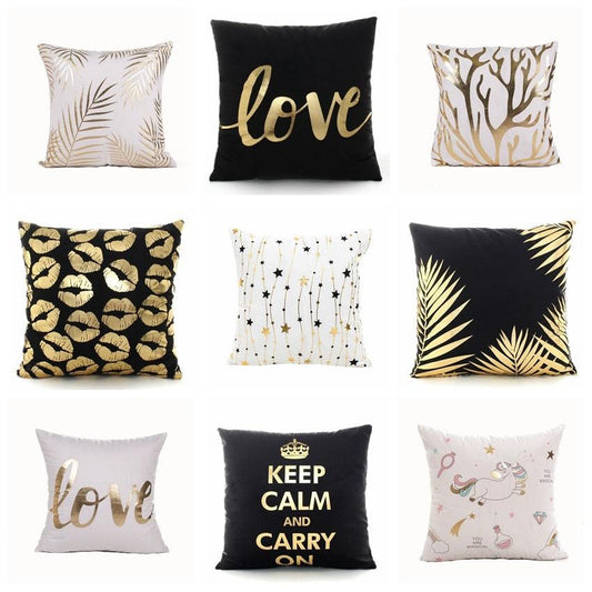Golden Love Leaves Bronzing Cushion Decorative Pillow Black And Gold Pillow Cover Home Pillowcases Velvet Home Decor Sofa Pillows Cover 45x45CM