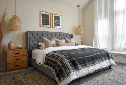 Charcoal Black Indian Wool Throw Blanket, Handwoven Sofa Coverlet with Dramatic Bed Layer - ONYX