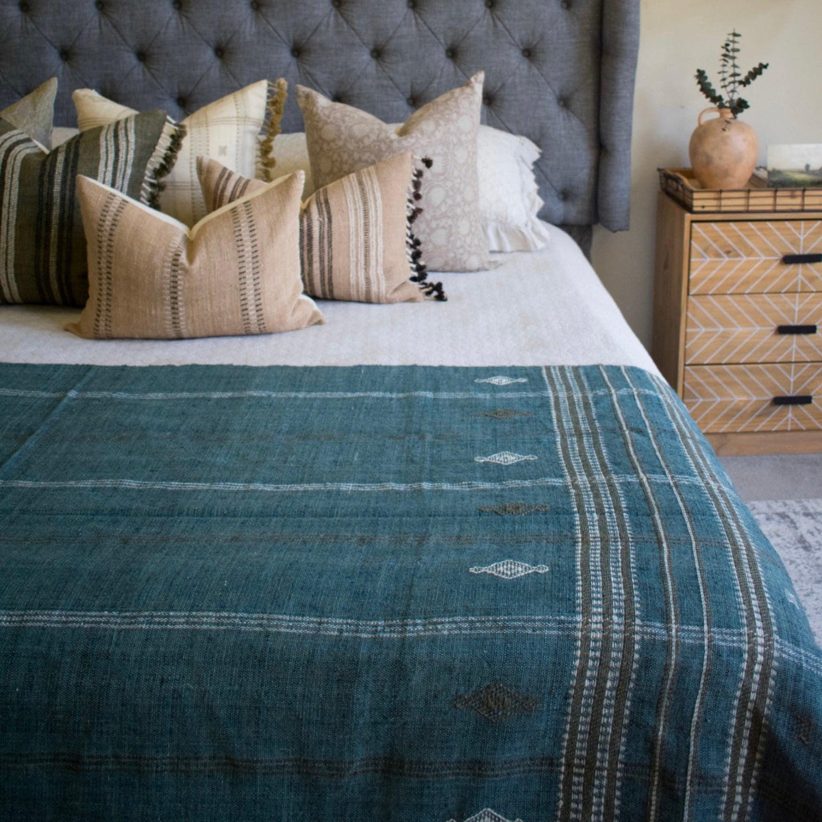 Teal Blue Indian Wool Throw Blanket, Handwoven Sofa Coverlet with Boho Reading Chair Accent - LAPIS