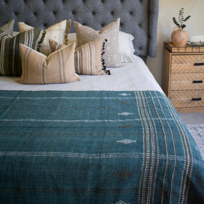 Teal Blue Indian Wool Throw Blanket, Handwoven Sofa Coverlet with Boho Reading Chair Accent - LAPIS