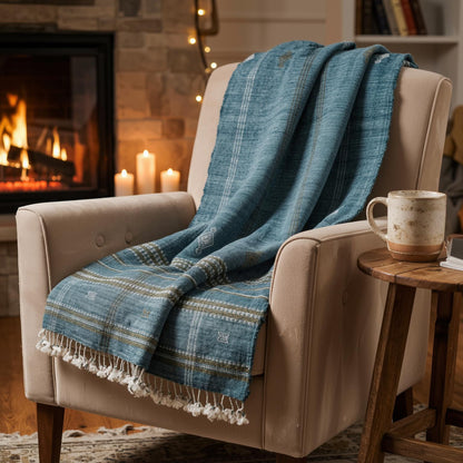 Teal Blue Indian Wool Throw Blanket, Handwoven Sofa Coverlet with Boho Reading Chair Accent - LAPIS