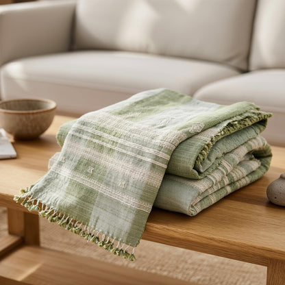 Soft Green Indian Wool Throw Blanket, Handwoven Sofa Coverlet with Quiet Calm Bedroom Layer - SAGE