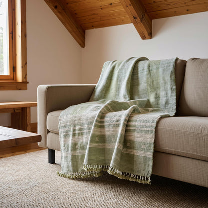 Soft Green Indian Wool Throw Blanket, Handwoven Sofa Coverlet with Quiet Calm Bedroom Layer - SAGE