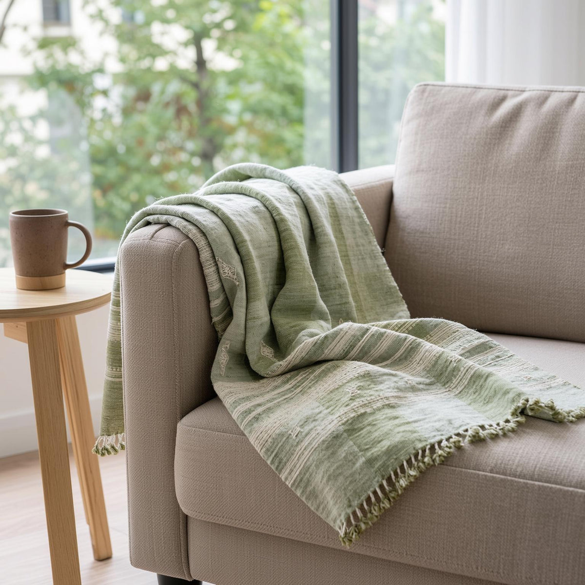 Soft Green Indian Wool Throw Blanket, Handwoven Sofa Coverlet with Quiet Calm Bedroom Layer - SAGE