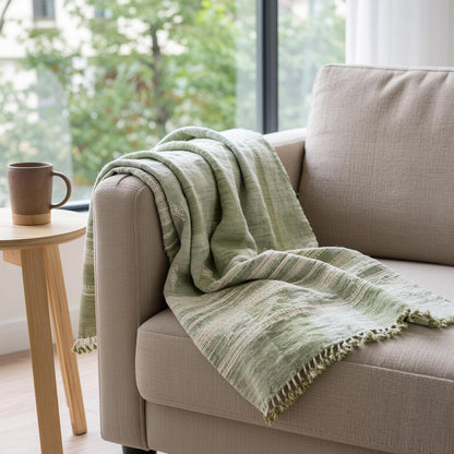 Soft Green Indian Wool Throw Blanket, Handwoven Sofa Coverlet with Quiet Calm Bedroom Layer - SAGE
