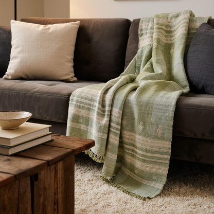 Soft Green Indian Wool Throw Blanket, Handwoven Sofa Coverlet with Quiet Calm Bedroom Layer - SAGE