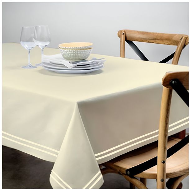 Double Embroidery Border Sateen Cotton Solid Table Cloth - Ivory