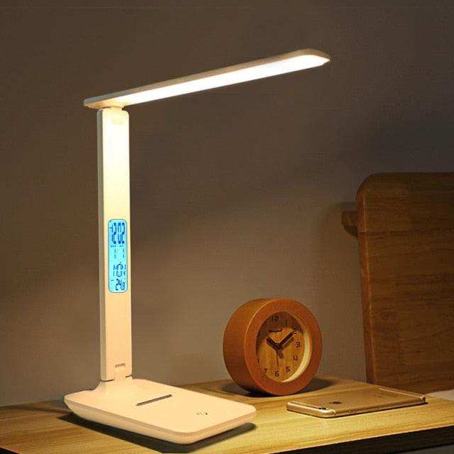 Modern Business Led Office Desk Lamp Touch Dimmable Foldable With Calendar Temperature Alarm Clock table Reading Light Decorative Table Lamp Cute Study Lamps for Bedroom Décor