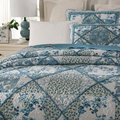 Tache Petal Dance White Blue Floral Paisley Vintage Garden Scalloped Cotton Patchwork Quilt Set (JHW-646)